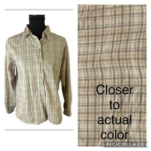 Woolrich Flannel Women’s Medium Shirt Beige Tan Plaid Button Up Top Fall Cozy